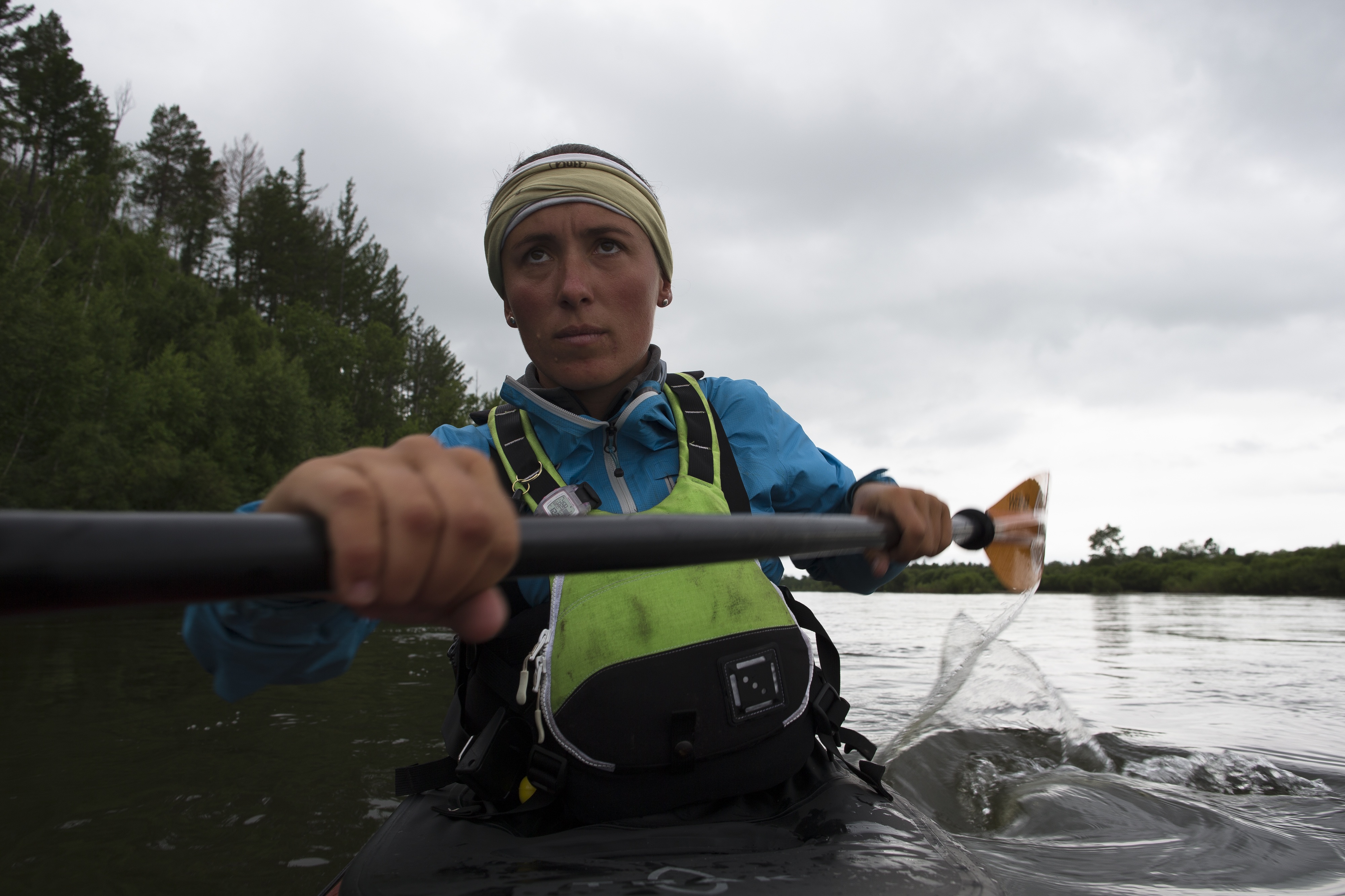 Krystle Wright paddles the Onon River lower section. This is the final day on the Onon River before the team take out just 20km from the Russian border and will rejoin the river in Russia as it becomes the Amur River.