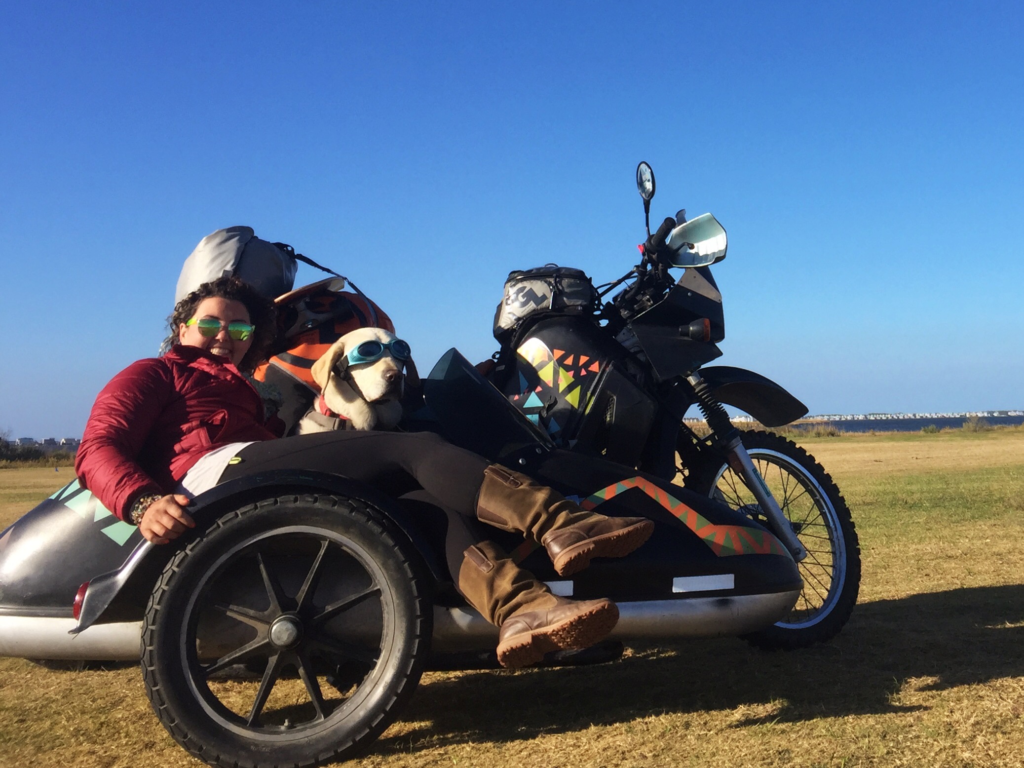 Operation Moto Dog featuring Mallory Paige, Baylor the dog and Rufio the motorcycle/sidecar.