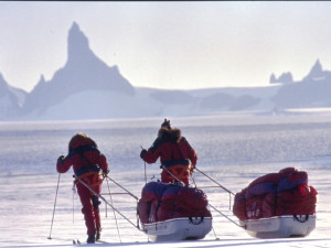 Liv and Ann pulling sleds on the Antarctic Crossing 2000 by Bancroft Arneson Explore.