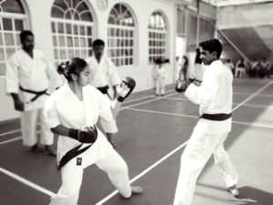 Eman practicing karate with her fellow martial artist members. Image credit: Eman Zabi.